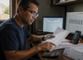 Homem de óculos sentado em um escritório analisa uma fatura impressa diante de vários boletos, calculadora, celular e dois monitores com contrato e gráfico de valores.