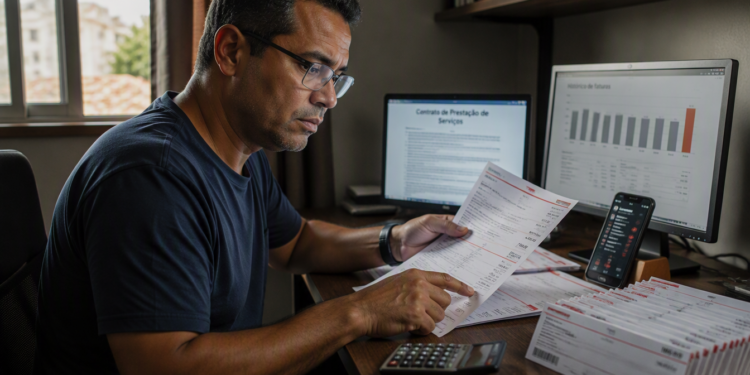 Homem de óculos sentado em um escritório analisa uma fatura impressa diante de vários boletos, calculadora, celular e dois monitores com contrato e gráfico de valores.