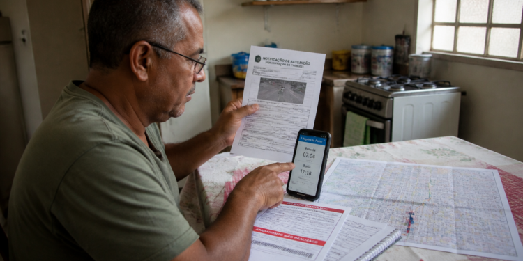Homem sentado à mesa da cozinha segura uma notificação de trânsito e aponta para a tela do celular, ao lado de outros documentos, um mapa e um caderno.