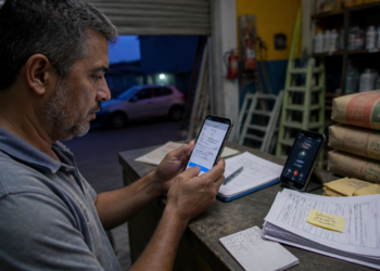 Comerciante sentado no balcão de uma loja de materiais de construção consulta o aplicativo bancário no celular, ao lado de outro telefone em ligação, documentos, cadernos e sacos de cimento.