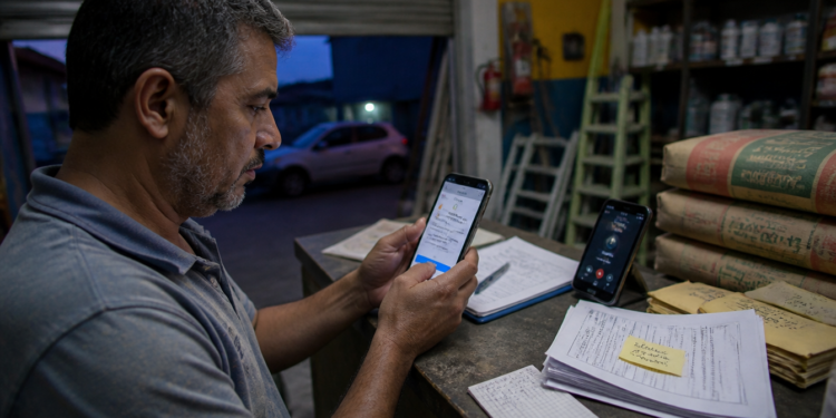 Comerciante sentado no balcão de uma loja de materiais de construção consulta o aplicativo bancário no celular, ao lado de outro telefone em ligação, documentos, cadernos e sacos de cimento.