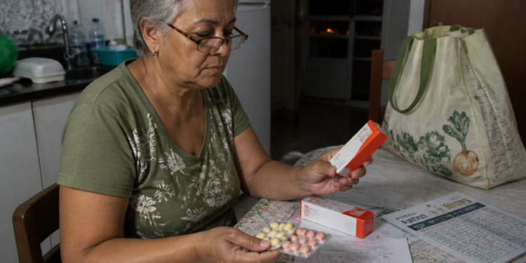 Mulher idosa sentada à mesa da cozinha observa uma caixa de remédio enquanto segura uma cartela com comprimidos de cores diferentes, com papéis e outra embalagem de medicamento sobre a mesa.