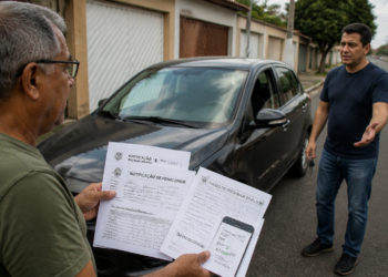 Homem idoso segura notificações e documentos ao lado de um carro estacionado, enquanto outro homem gesticula na rua residencial, em cena que remete à venda de veículo e a multas recebidas em nome do antigo proprietário.