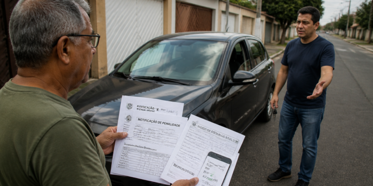 Homem idoso segura notificações e documentos ao lado de um carro estacionado, enquanto outro homem gesticula na rua residencial, em cena que remete à venda de veículo e a multas recebidas em nome do antigo proprietário.