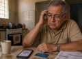 Homem idoso de óculos demonstra preocupação enquanto observa um celular sobre a mesa da cozinha, ao lado de um cartão bancário, contas impressas e uma caneca.