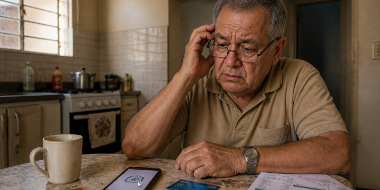 Homem idoso de óculos demonstra preocupação enquanto observa um celular sobre a mesa da cozinha, ao lado de um cartão bancário, contas impressas e uma caneca.
