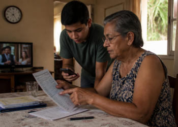 Aposentada sentada à mesa aponta para um extrato impresso enquanto um jovem ao seu lado consulta o celular, com outros documentos e uma caneta sobre a mesa.