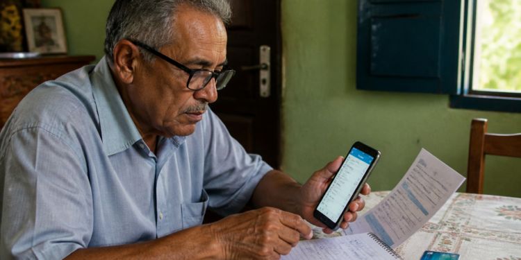 Homem idoso sentado à mesa compara informações exibidas no celular com um extrato impresso, enquanto faz anotações em um caderno ao lado de um cartão bancário.