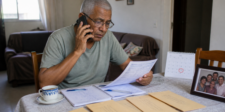 Homem idoso sentado à mesa fala ao telefone enquanto lê um documento, com caderno, envelopes, calendário e xícara ao redor, em cena de preocupação com pagamento e extrato.