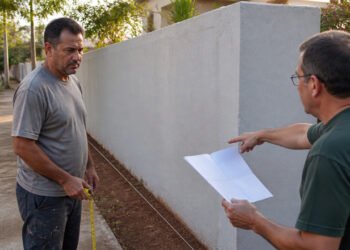 Pedreiro segura uma trena ao lado de um muro recém-pintado enquanto outro homem aponta para a divisa e mostra um documento.
