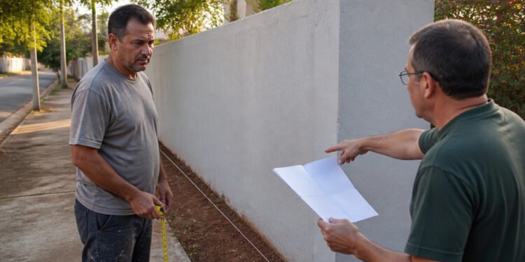Pedreiro segura uma trena ao lado de um muro recém-pintado enquanto outro homem aponta para a divisa e mostra um documento.