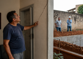 Homem aponta para uma rachadura na parede de casa enquanto, do lado de fora, dois homens observam uma escavação de obra ao lado do imóvel.