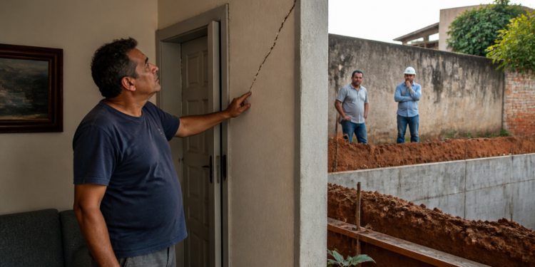Homem aponta para uma rachadura na parede de casa enquanto, do lado de fora, dois homens observam uma escavação de obra ao lado do imóvel.