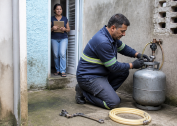 Técnico com uniforme azul e luvas verifica a conexão de um botijão de gás no quintal, enquanto uma moradora observa da porta segurando uma prancheta.