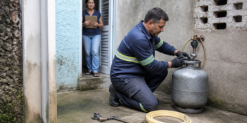 Técnico com uniforme azul e luvas verifica a conexão de um botijão de gás no quintal, enquanto uma moradora observa da porta segurando uma prancheta.