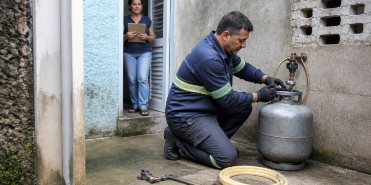 Técnico com uniforme azul e luvas verifica a conexão de um botijão de gás no quintal, enquanto uma moradora observa da porta segurando uma prancheta.