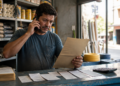 Comerciante fala ao telefone enquanto analisa um documento, com comprovantes e calculadora sobre o balcão de uma loja de materiais de construção.