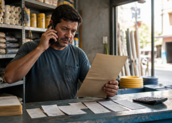 Comerciante fala ao telefone enquanto analisa um documento, com comprovantes e calculadora sobre o balcão de uma loja de materiais de construção.