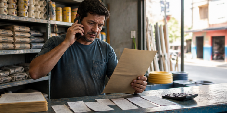 Comerciante fala ao telefone enquanto analisa um documento, com comprovantes e calculadora sobre o balcão de uma loja de materiais de construção.