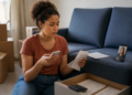 Mulher sentada no chão da sala compara boletos e recibos enquanto segura um celular, ao lado de um sofá azul, caixas de mudança, calculadora e documentos guardados em uma gaveta aberta.