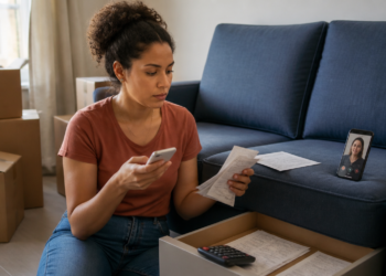 Mulher sentada no chão da sala compara boletos e recibos enquanto segura um celular, ao lado de um sofá azul, caixas de mudança, calculadora e documentos guardados em uma gaveta aberta.