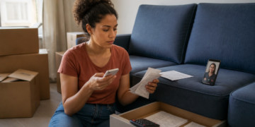 Mulher sentada no chão da sala compara boletos e recibos enquanto segura um celular, ao lado de um sofá azul, caixas de mudança, calculadora e documentos guardados em uma gaveta aberta.
