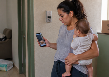 Mulher segura um bebê no colo e observa no celular a fotografia de uma encomenda deixada diante de outra porta, com uma caixa de entrega ao fundo.
