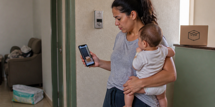 Mulher segura um bebê no colo e observa no celular a fotografia de uma encomenda deixada diante de outra porta, com uma caixa de entrega ao fundo.
