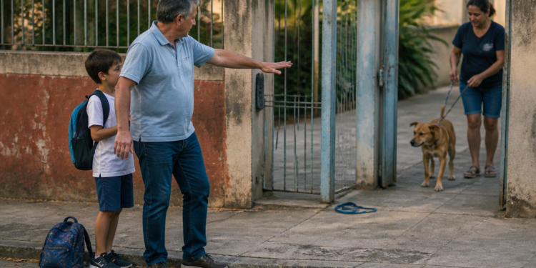 Homem idoso estende o braço de forma protetora diante de um menino com mochila na calçada, enquanto uma mulher tenta conter um cão próximo ao portão aberto de uma casa.