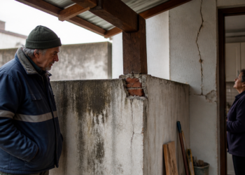 Homem idoso observa trincas em um muro divisório sob um telhado novo, enquanto uma mulher olha para rachaduras na parede da cozinha.