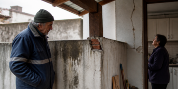 Homem idoso observa trincas em um muro divisório sob um telhado novo, enquanto uma mulher olha para rachaduras na parede da cozinha.