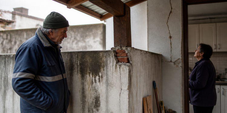 Homem idoso observa trincas em um muro divisório sob um telhado novo, enquanto uma mulher olha para rachaduras na parede da cozinha.