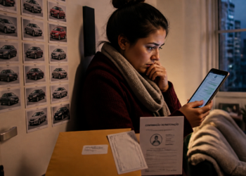 Mulher em casa à noite observa o celular com expressão preocupada, ao lado de uma caixa e de documentos, diante de uma parede com várias fotos de carros.