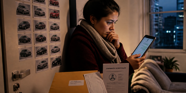 Mulher em casa à noite observa o celular com expressão preocupada, ao lado de uma caixa e de documentos, diante de uma parede com várias fotos de carros.