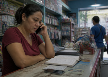 Mulher atende uma ligação atrás do balcão de uma papelaria, ao lado de um caderno aberto e de um celular sobre o balcão.
