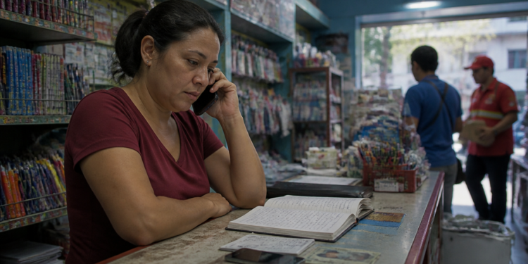 Mulher atende uma ligação atrás do balcão de uma papelaria, ao lado de um caderno aberto e de um celular sobre o balcão.