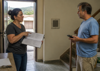 Mulher aponta para um documento aberto enquanto conversa com um morador que segura um celular no corredor de um prédio residencial.