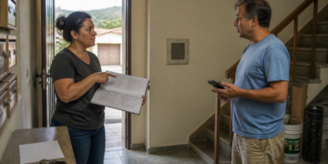 Mulher aponta para um documento aberto enquanto conversa com um morador que segura um celular no corredor de um prédio residencial.
