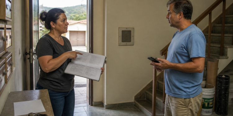 Mulher aponta para um documento aberto enquanto conversa com um morador que segura um celular no corredor de um prédio residencial.