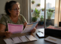 Mulher idosa sentada à mesa segura dois documentos e analisa papéis com expressão de preocupação, ao lado de celular, envelope e pastas organizadoras.