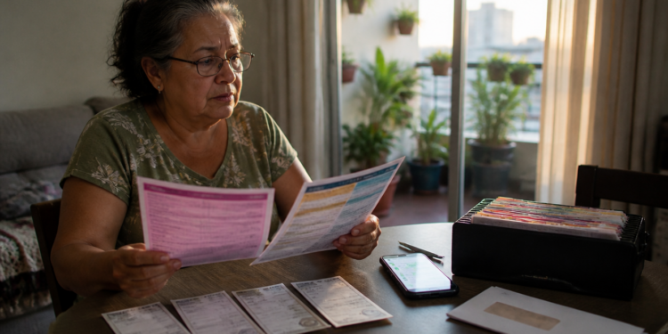 Mulher idosa sentada à mesa segura dois documentos e analisa papéis com expressão de preocupação, ao lado de celular, envelope e pastas organizadoras.