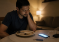 Homem sentado à mesa em casa à noite observa um celular carregando ao lado do prato, com expressão cansada, em um ambiente doméstico iluminado por luz suave.
