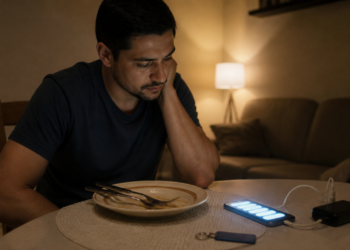 Homem sentado à mesa em casa à noite observa um celular carregando ao lado do prato, com expressão cansada, em um ambiente doméstico iluminado por luz suave.