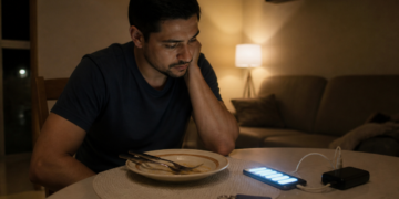 Homem sentado à mesa em casa à noite observa um celular carregando ao lado do prato, com expressão cansada, em um ambiente doméstico iluminado por luz suave.