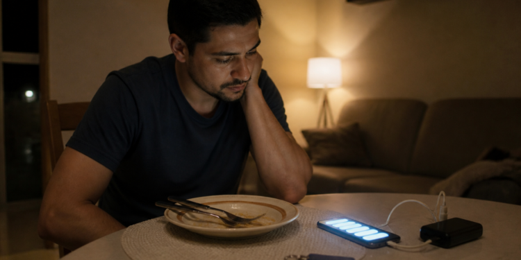 Homem sentado à mesa em casa à noite observa um celular carregando ao lado do prato, com expressão cansada, em um ambiente doméstico iluminado por luz suave.