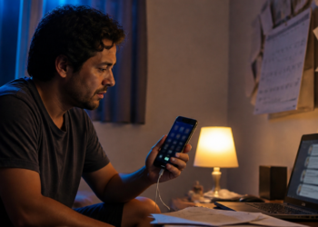 Homem observa o celular conectado por um cabo enquanto permanece diante de um notebook, papéis e anotações em um quarto pouco iluminado.