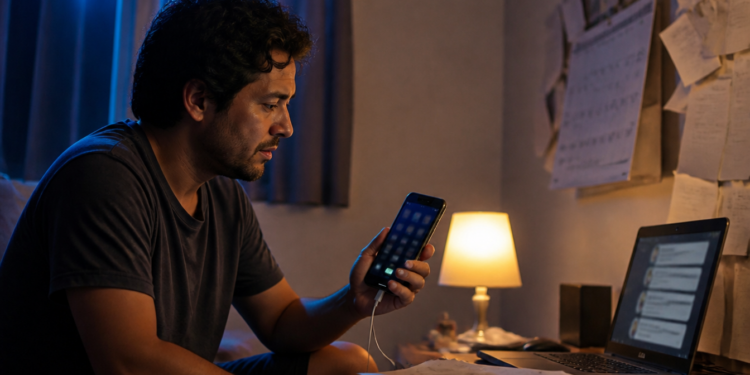 Homem observa o celular conectado por um cabo enquanto permanece diante de um notebook, papéis e anotações em um quarto pouco iluminado.