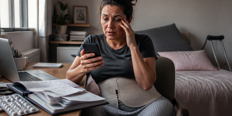Mulher com faixa abdominal consulta o celular diante de um notebook, documentos e medicamentos, enquanto uma muleta permanece ao lado da cama.