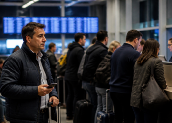 Homem com celular e mala de viagem aguarda diante de uma fila de passageiros em um balcão de atendimento de aeroporto, com painéis de voos desfocados ao fundo.
