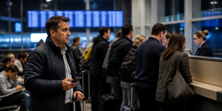 Homem com celular e mala de viagem aguarda diante de uma fila de passageiros em um balcão de atendimento de aeroporto, com painéis de voos desfocados ao fundo.